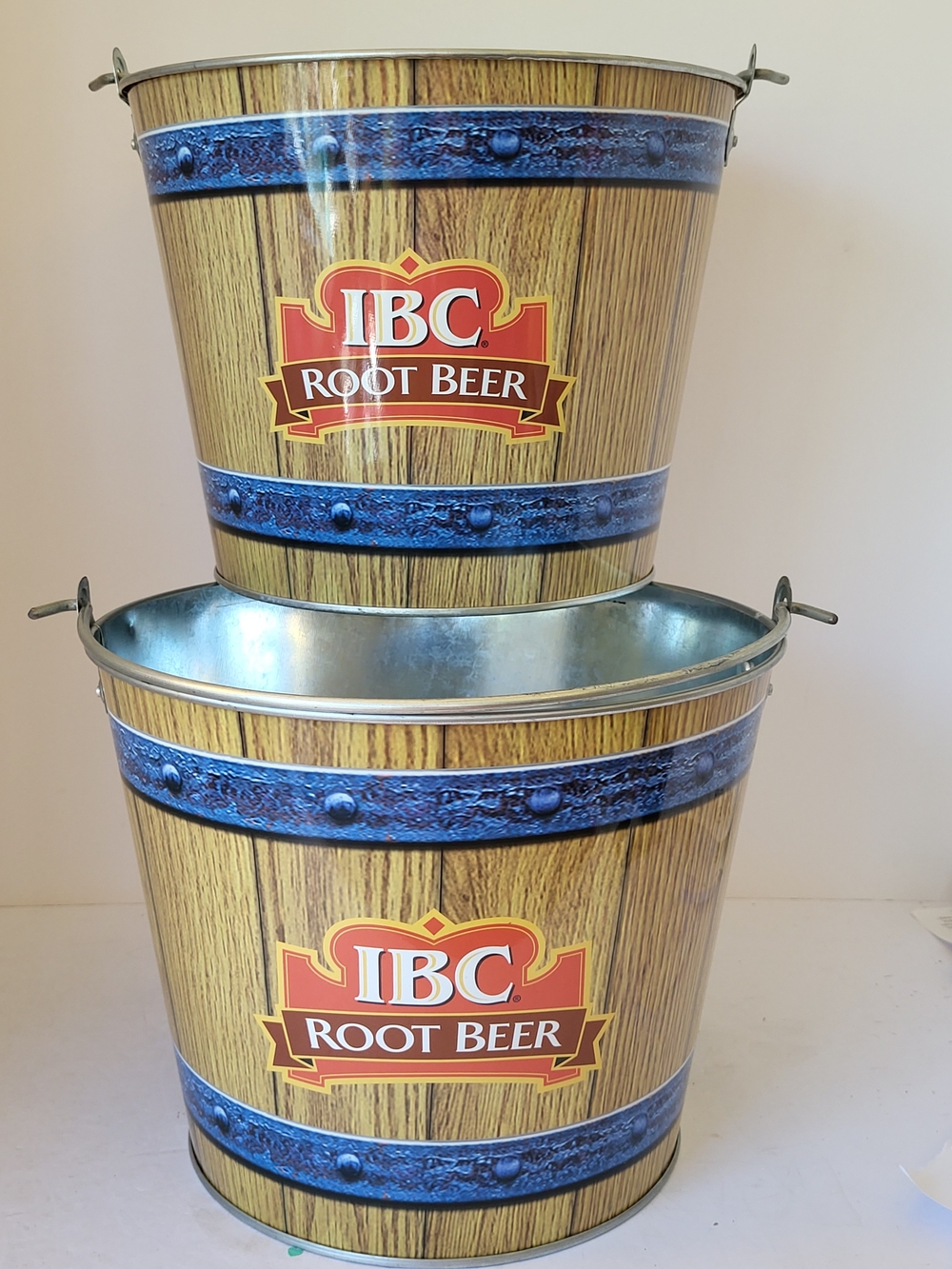 2 IBC Root Beer Branded Metal Ice Buckets - Woodgrain Design